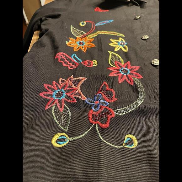 White Stag Embroidered‎ Jacket Black Denim Long Sleeve Button Large Floral Retro - Picture 9 of 9